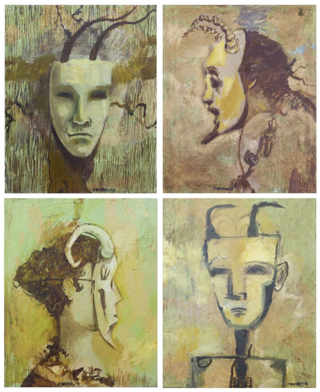 Spring Mask Series, Parts 1 - 4, Four paintings, each 16 inches x 20 inches, oil on canvas, 2013.