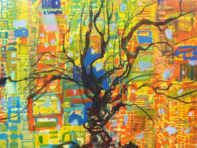 Tree on Orange and Chartreuse, 18 inches x 24 inches, oil on wood, 2013.